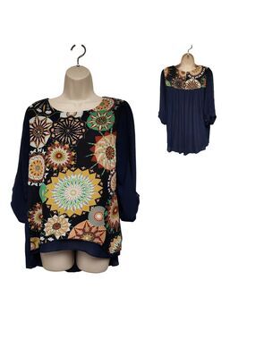 Lan Yi ZI Kou Hi-Low Tunic Blue Geometric Pleated Back 3/4 Sleeve Top Large